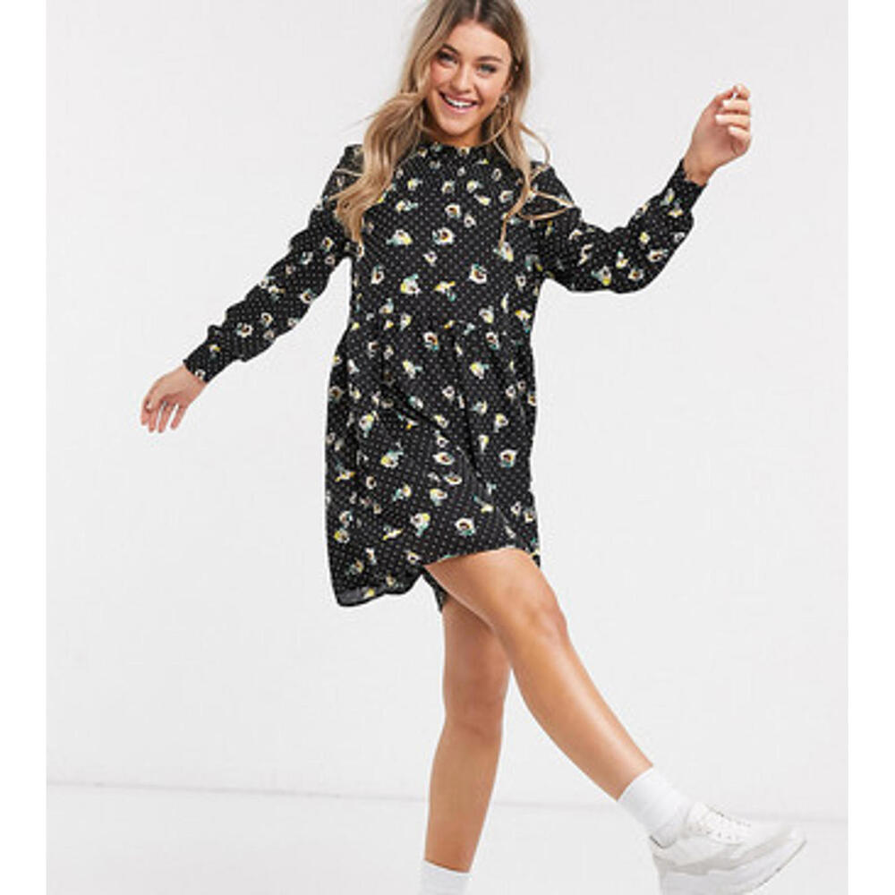 JDY Women’s XS (EU 34 / US 2-4) Black Floral Polka Dot Smock Dress